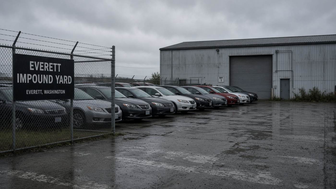 Rows of vehicles in an Everett impound yard