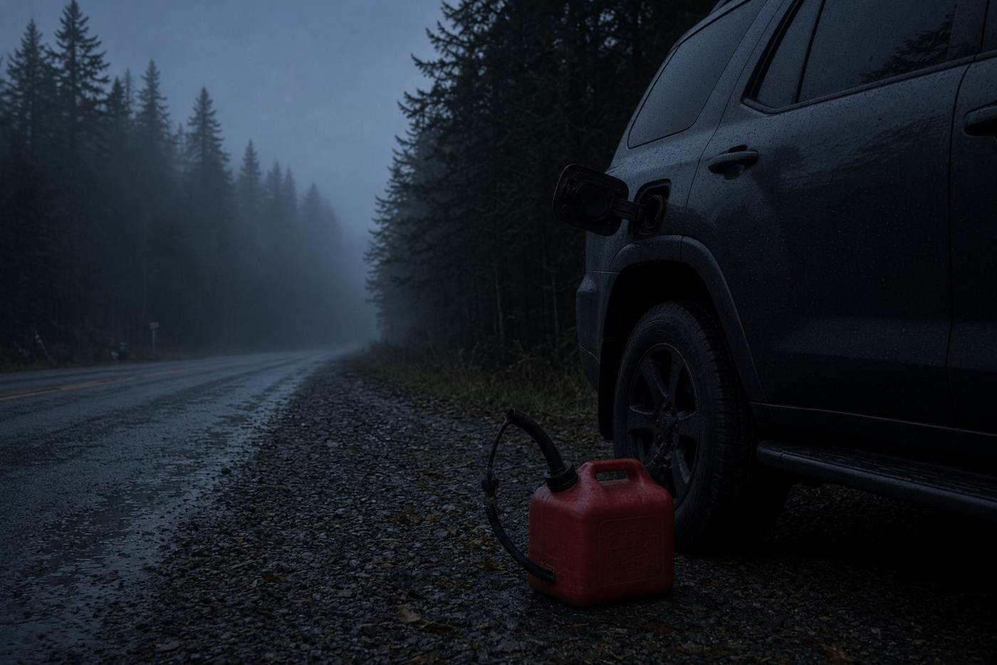 Fuel can beside an SUV on a rural Washington roadside at dusk
