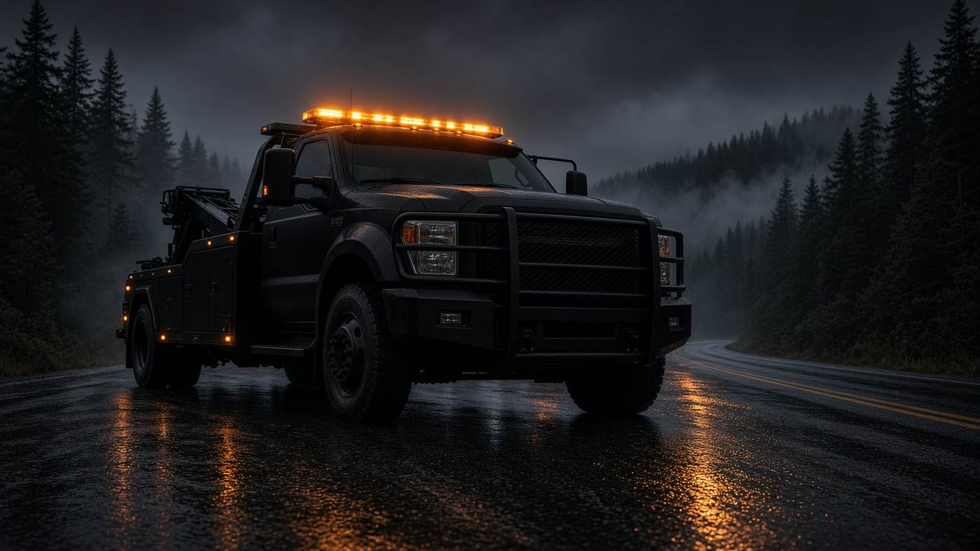 Black heavy-duty tow wrecker on a rain-slick Washington highway at night