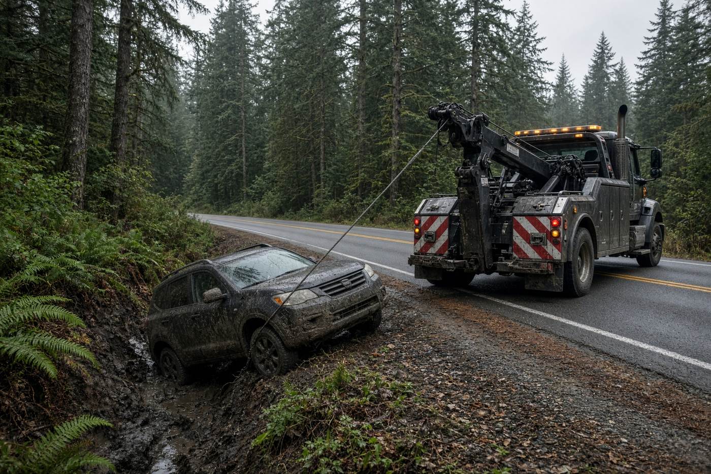 Heavy wrecker winching a vehicle from a ditch beside a forested highway
