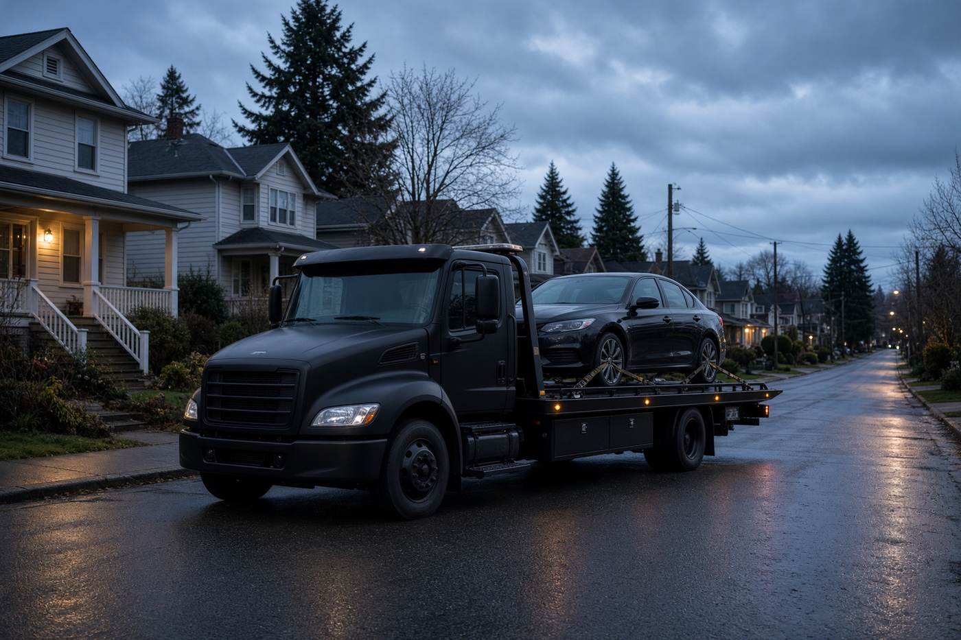 Rollback flatbed loading a sedan on an Everett street at dusk